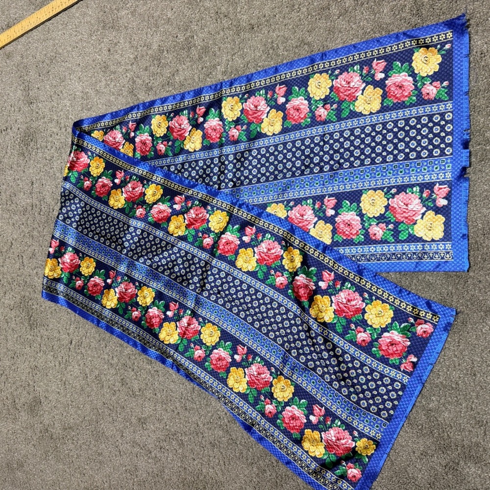 Vintage Floral Paisley Scarf Blue Red Yellow Rose Print Made in Italy 64x13
